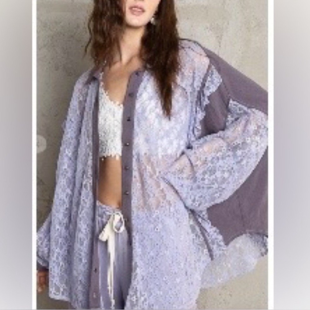 NWOT POL Gray Lavender Sheer Lace Romantic Blouse top shirt button up oversized